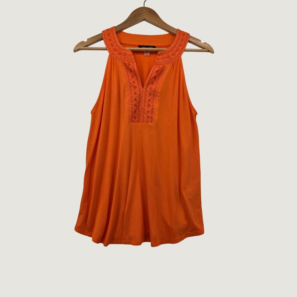 Cable & Gauge Orange Embroidered V-Neck Tank Top Sleeveless Blouse Medium M
